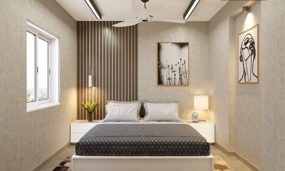 1bhk interior design ideas for bedroom is designed with sandstone wallpaper, a bed and two side tables with storage