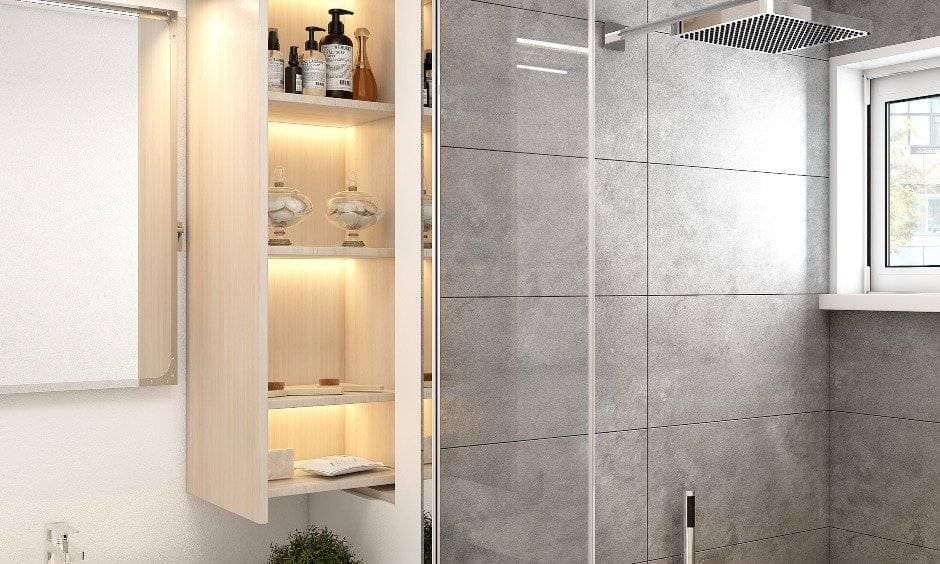 Slate and white 2bhk bathroom with hidden storage with led strip lighting