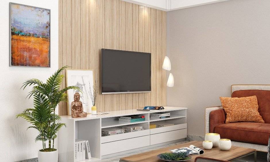 2bhk interior design with white marble flooring comfortable sofa and low lying cabinet