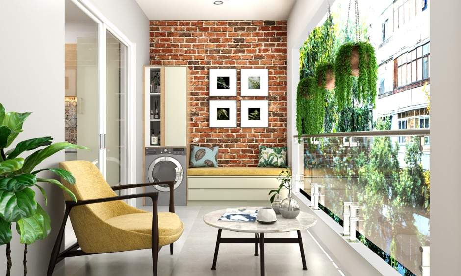 2bhk interior where the balcony is with a brick cladding wall for an nice outdoor feel