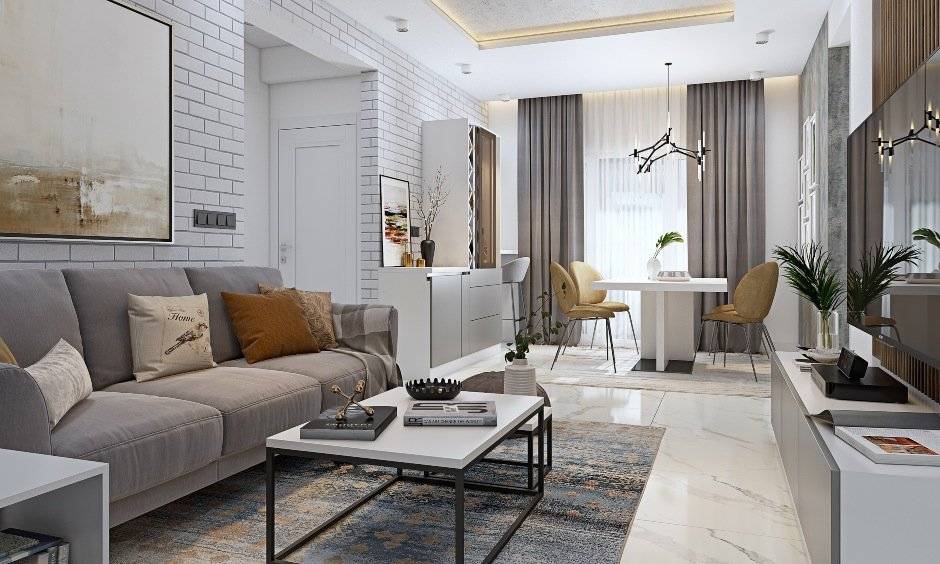 3 bhk flat design with living cum dining area look luxurious