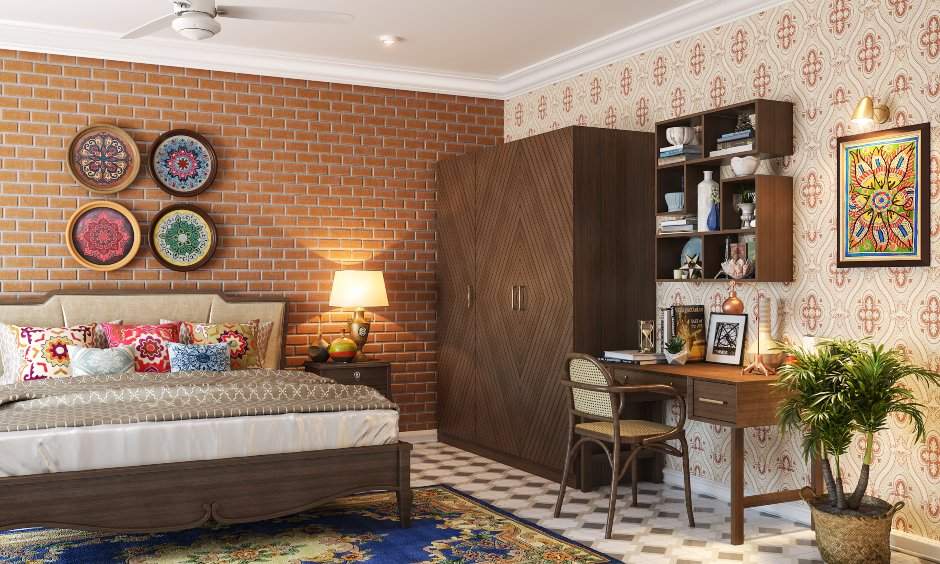 A three-door bedroom wardrobe design in a wooden finish brings in a warm and vintage feel