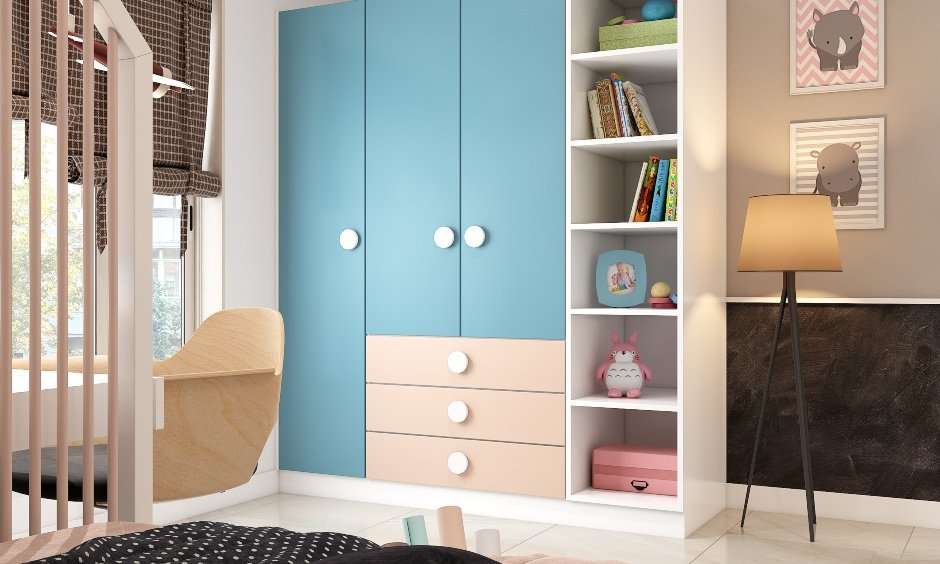 3bhk design interior where the kid's room is designed with a canopy bed, a world map-themed mural on the accent wall