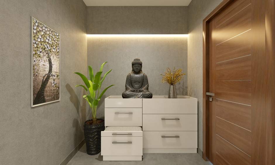 A foyer unit for 1bhk interior design ideas with a pullout seater and multiple storage units to keep your shoes organised