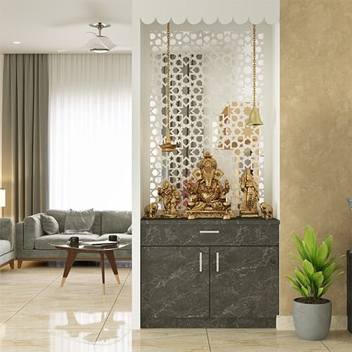 Affordable interior designers in Delhi created a living room with a pooja unit