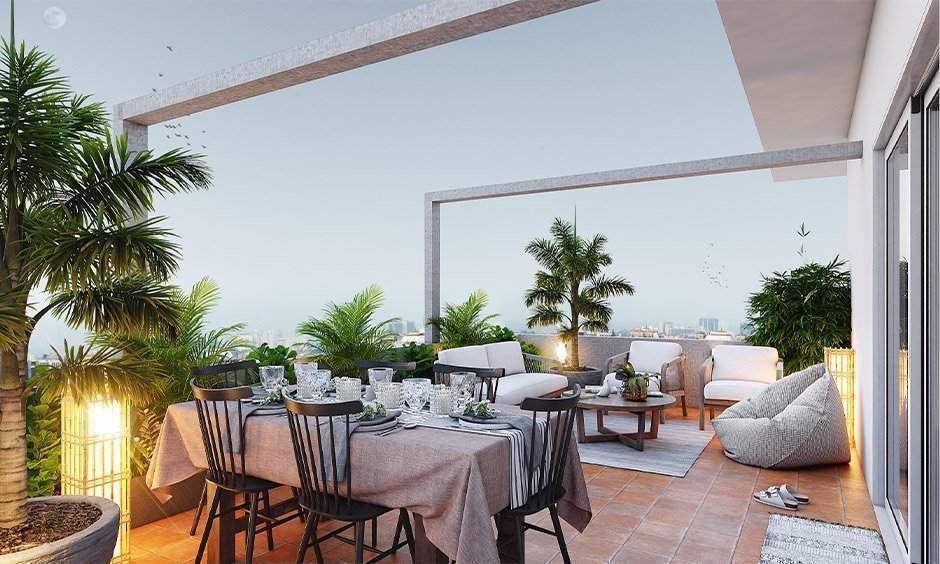 Aluminium balcony grill design with teracotta tiled flooring for a perfect sitting place