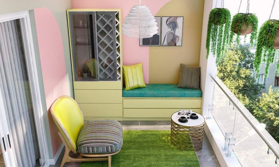 Balcony interior design with low upholstered armless chair pairs well with the round table