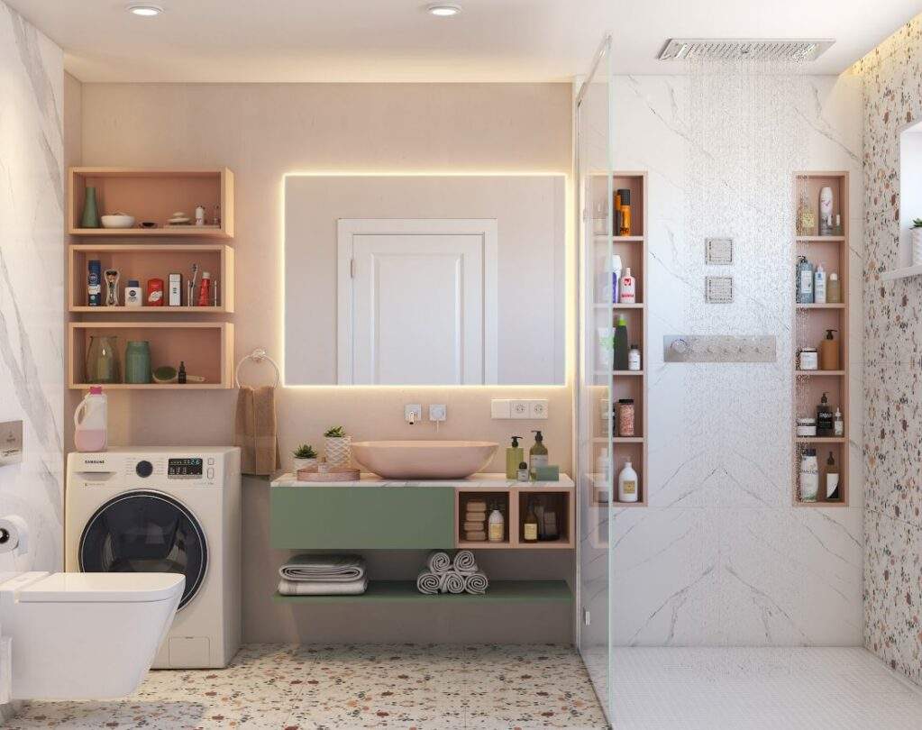 Bathroom design in minimalistic style with pastel coloured interiors