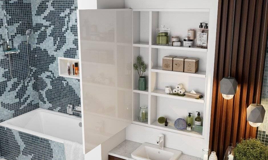 Bathroom interior design with hidden storage behind the mirror