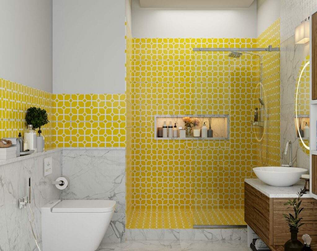 Bathroom designers in bangalore to make a bathroom design with yellow patterned tiles