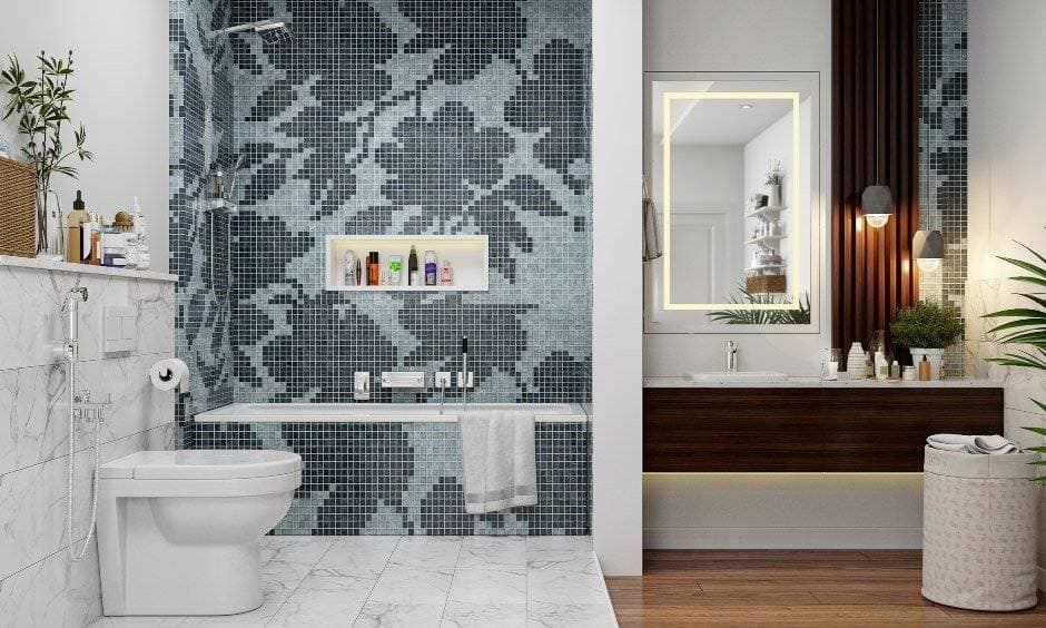 Bathroom interior design with floral mosaic tiles and wood finish