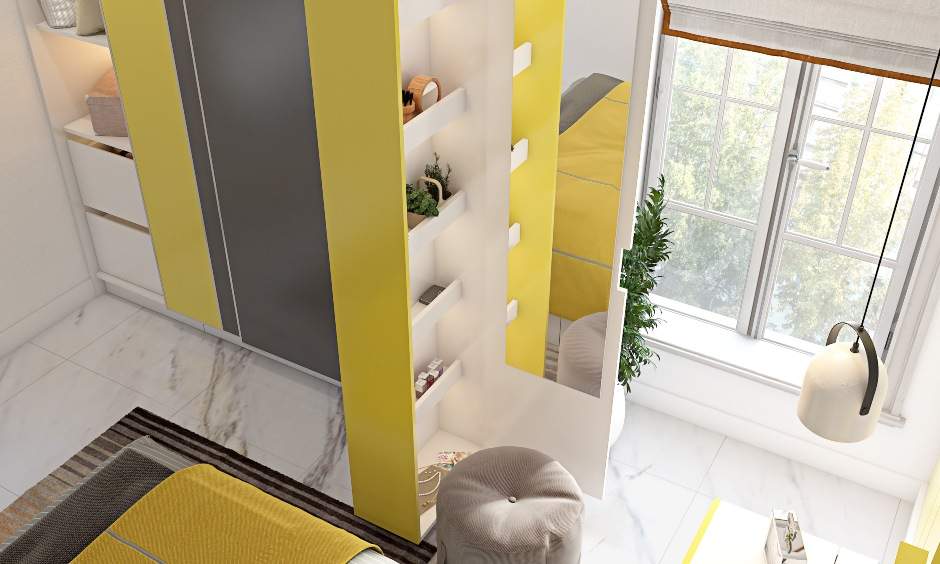 Bedroom design in yellow and grey wardrobe with pull out dresser to saves space