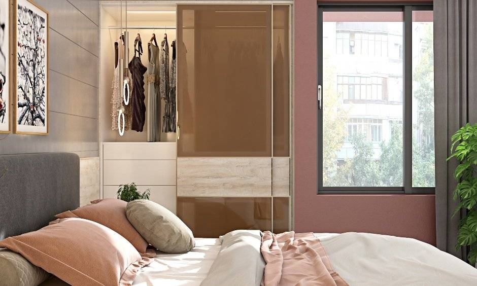 Bedroom designed with grey pink and white colour scheme in 1bhk home design