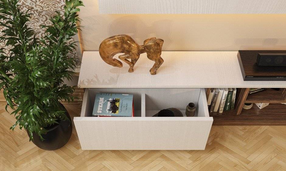 Bedroom design with storage unit design for wall mounted tv unit for Mumbai Bangalore and Hyderabad.