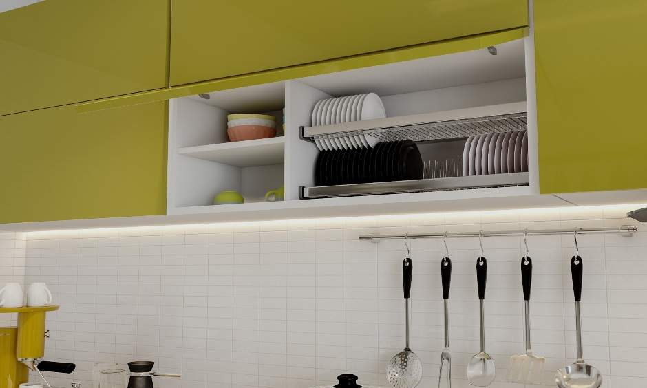 Black and lime green modular kitchen design with upper storage cabinets