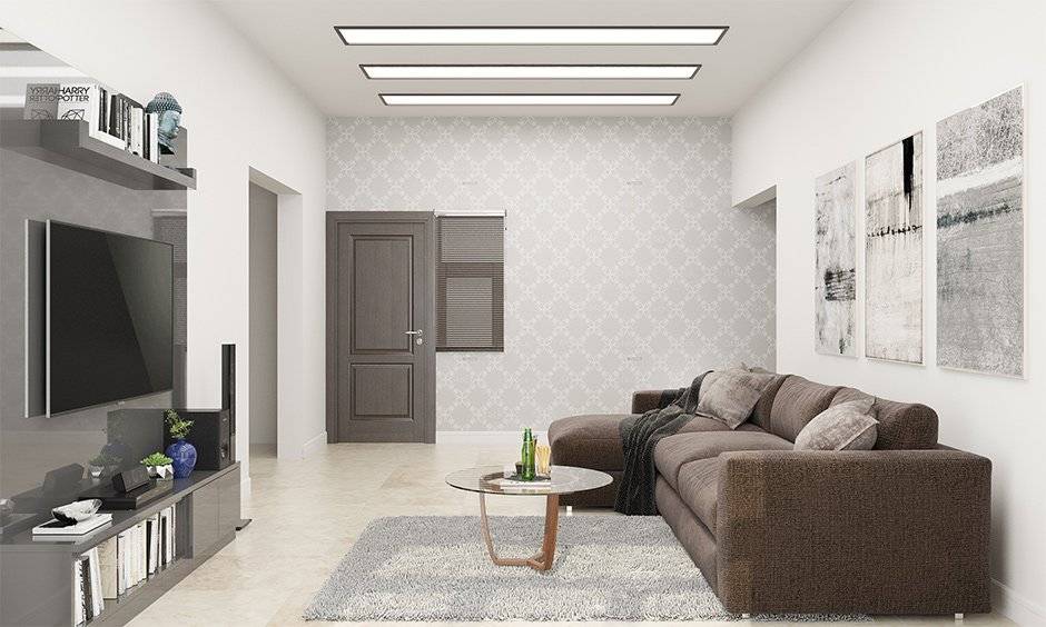 Choose a false ceiling with a light design for a rectangular living room to brighten up the space