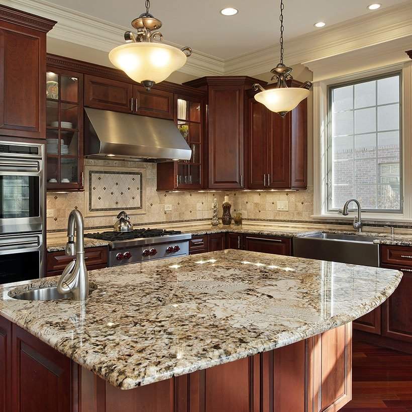 Classical l shaped kitchen interior design with island with the curved lines of the granite topped kitchen island