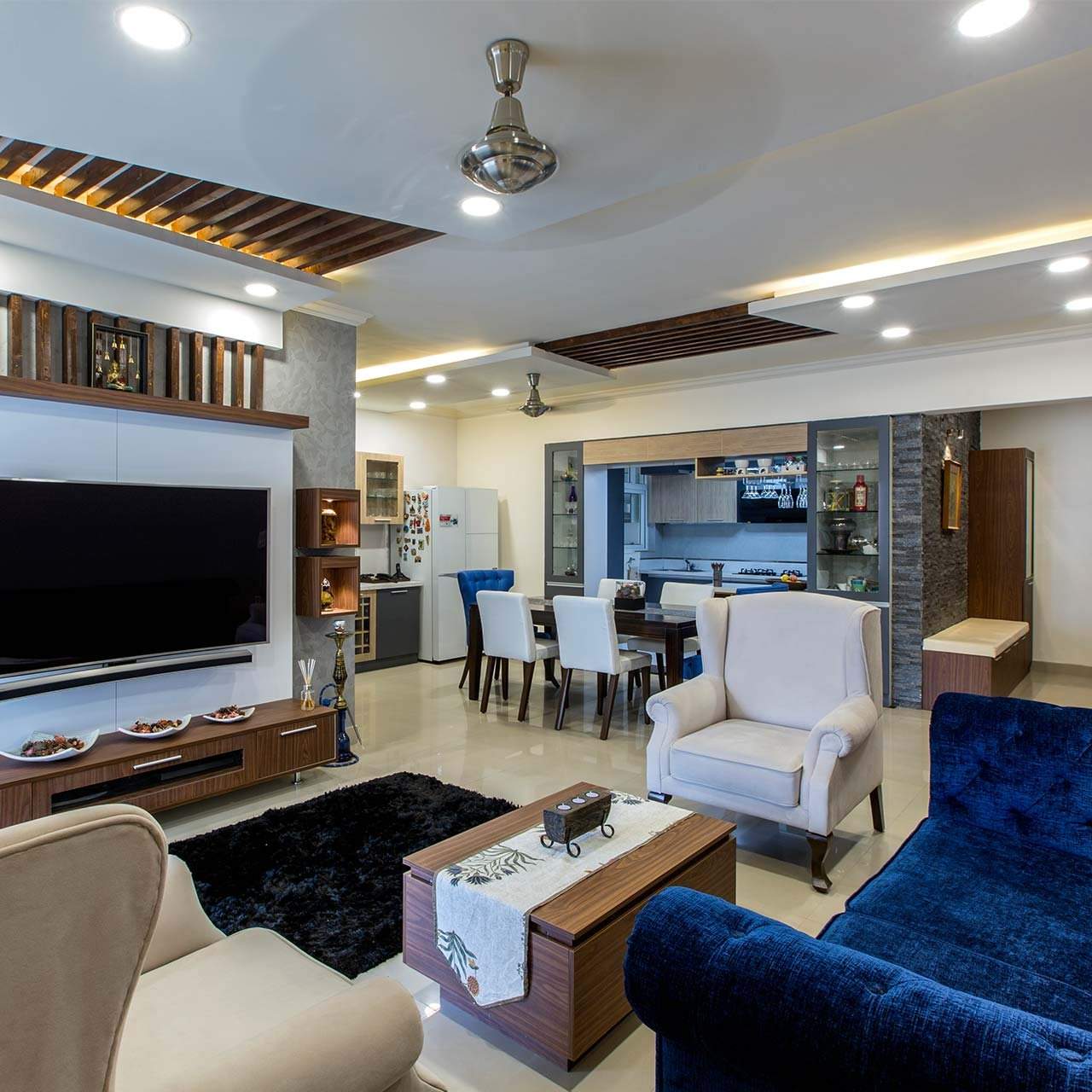 Use comfortable cosy materials and fireplace in farmhouse interiors