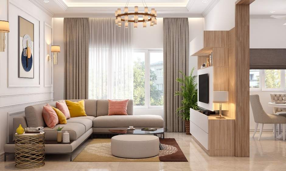 Cozy small living room with tv unit and l-shaped sofa