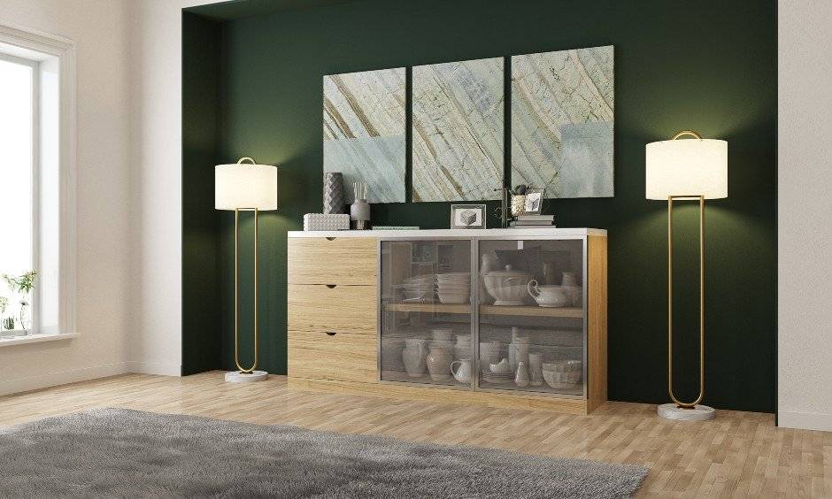 Crockery unit in a dining room to increase storage of dining hall interiors.