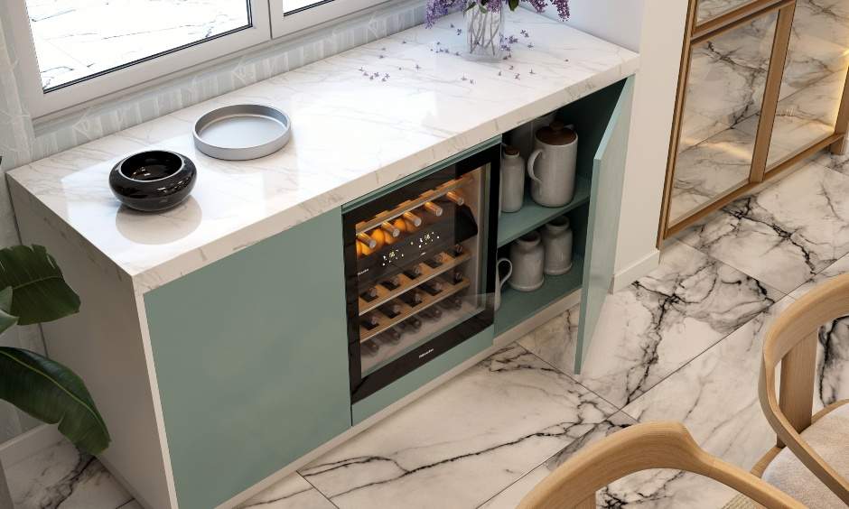Side dining room cabinet has been incorporated with an in-built wine rack unit