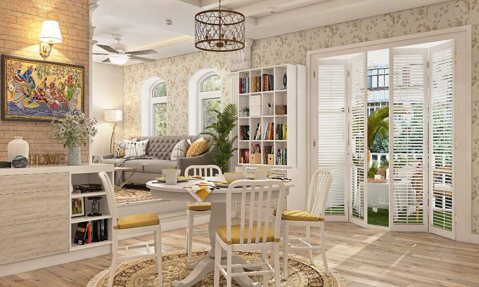 Dining room design with neoclassical interiors with round wooden table with four armless chairs and a cabinet with open shelves