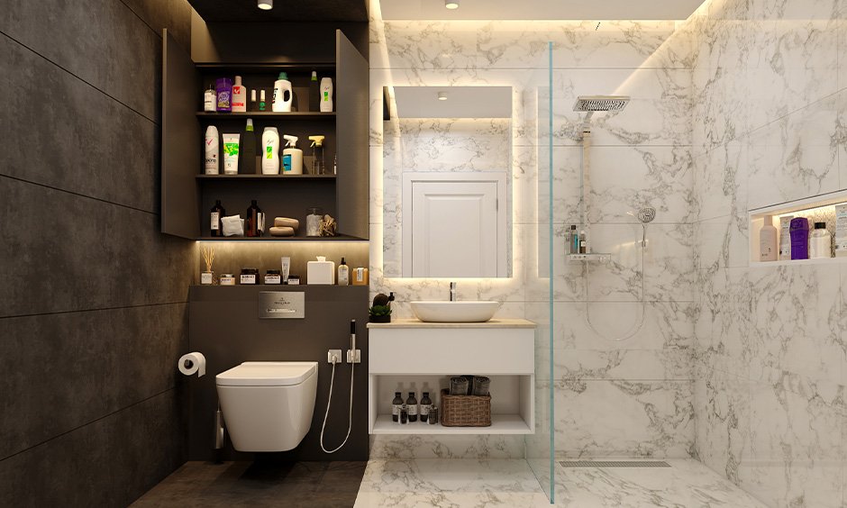 Floating bathroom wall shelves in wood with hidden brackets give modern touch