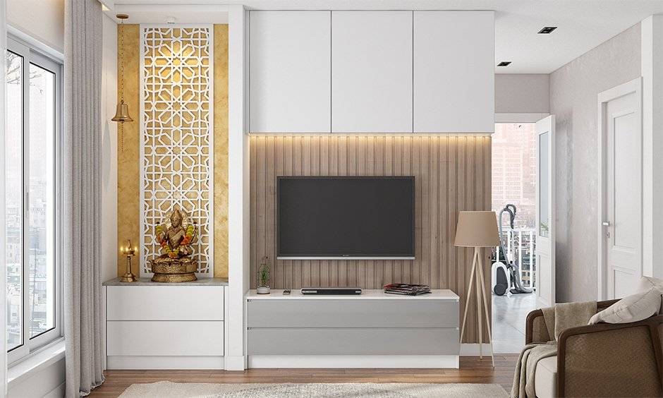 Floor-to-ceiling open mandir with tv unit in white laminate with back panelling