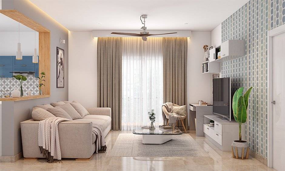 Wide plank flooring for a rectangular living room creates a seamless look