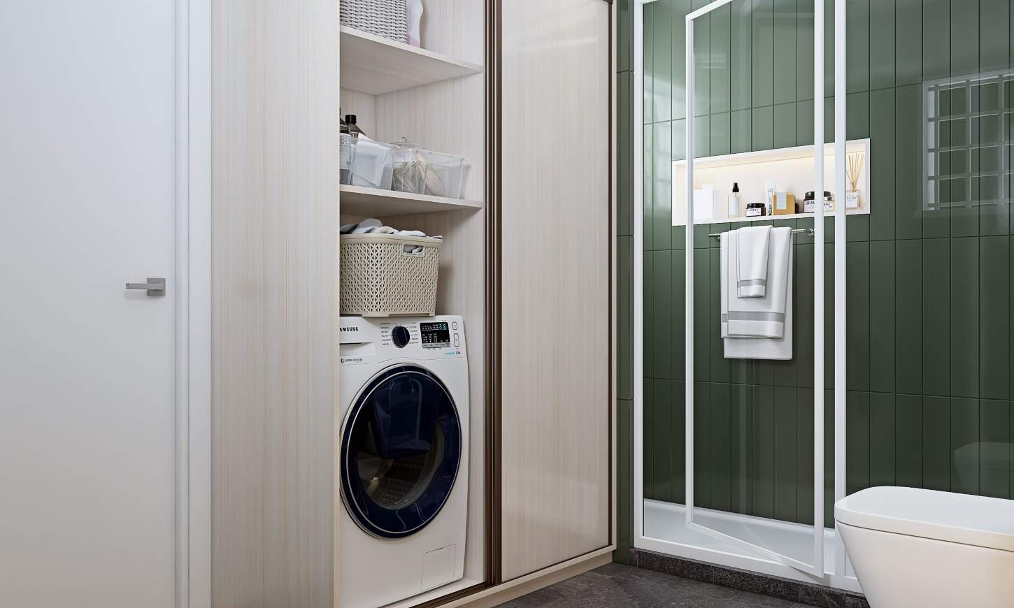Grey and white modern bathroom with tall unit for toiletries and washing machine