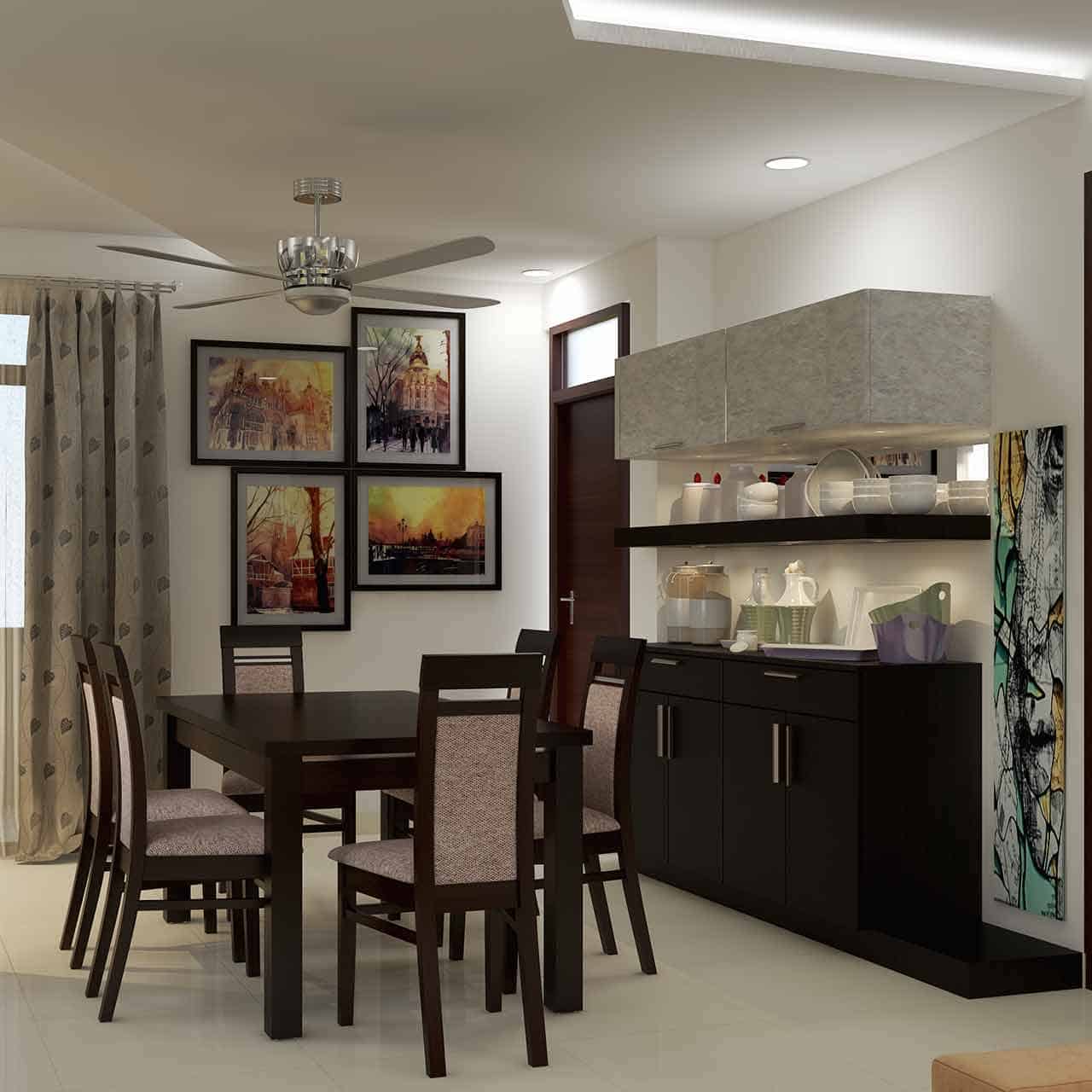 Indian style dining room with ornate geometrics, vibrant colours, and elegant metallic silverware for dining room style