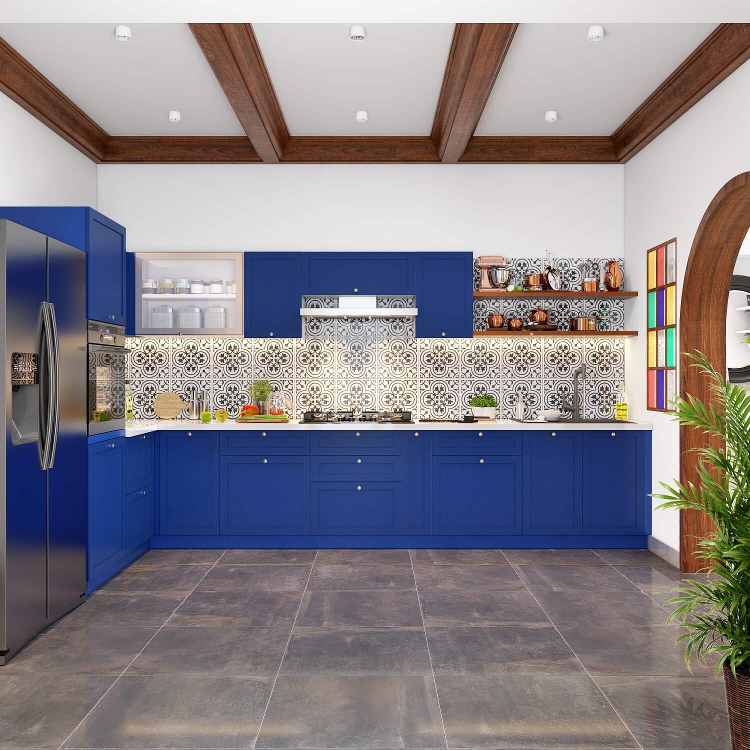 Interior designers in Pune designed a open kitchen with floating shelves