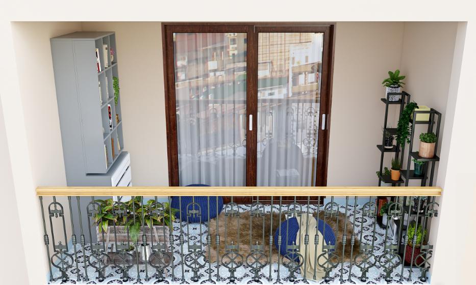 Modern balcony featuring iron railing design, pouffes and potted plants
