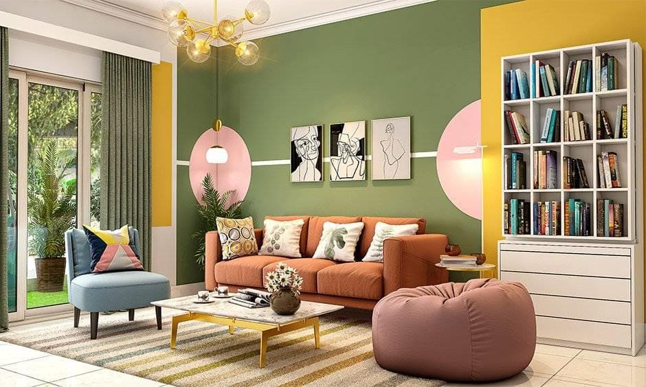 A kid-friendly living room features pouffes and ottomans