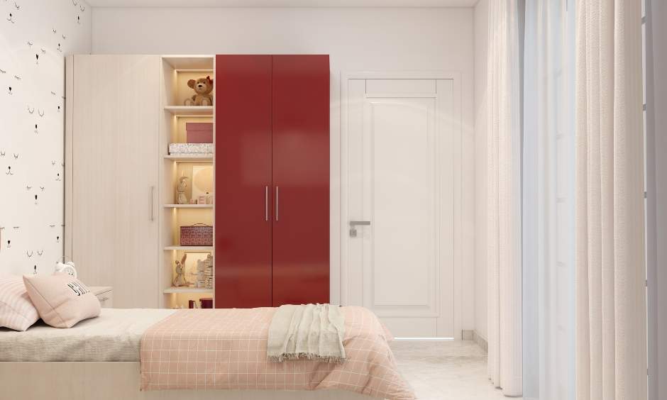 Kids' bedroom has a wardrobe design in two-tone with an open shelving unit
