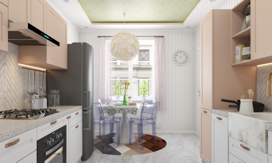 Pastel kitchen POP design with wallpaper for a Persian cafe vibe