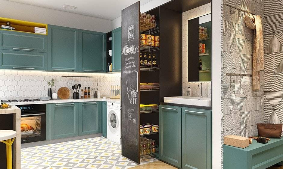 Kitchen unit design with pull-out pantry is a smart solution to stow away all your non-perishable groceries