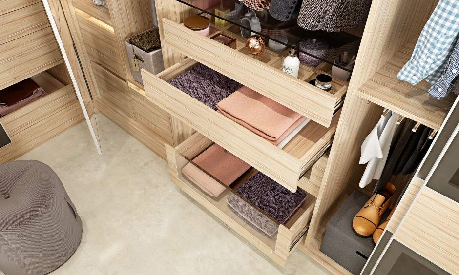 Latest wardrobe design with a pull-out accessory drawer adds to the functionality of the wardrobe