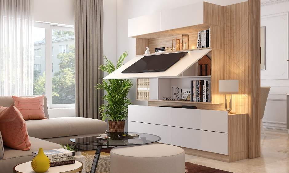 Lift-top tv unit with hidden shelf storage space helps keep the look of the living room neat and clutter-free