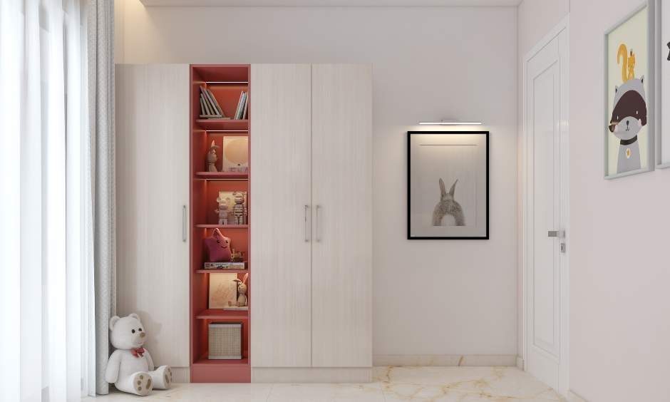 Lightwood finish wardrobe for small kids room with built-in open shelves