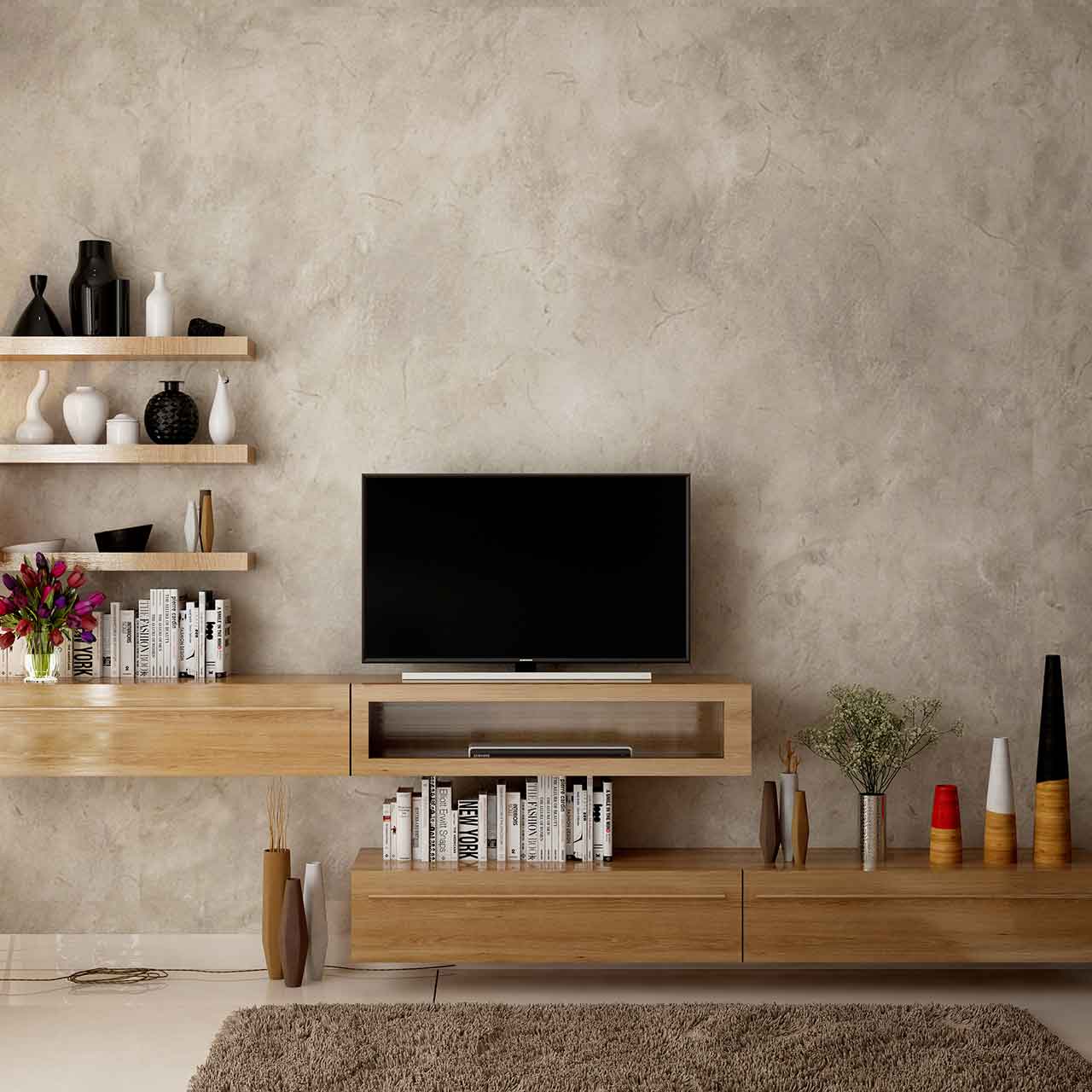 Living room tv furniture with floating shelves