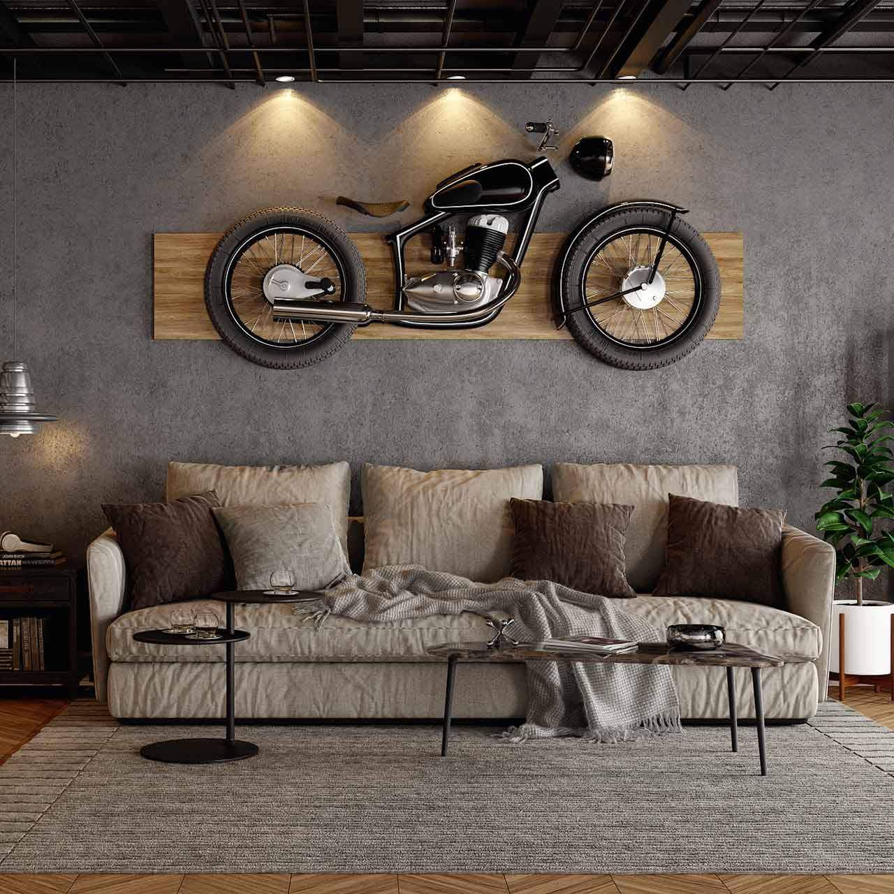 Living room wall furniture decorated with old bike