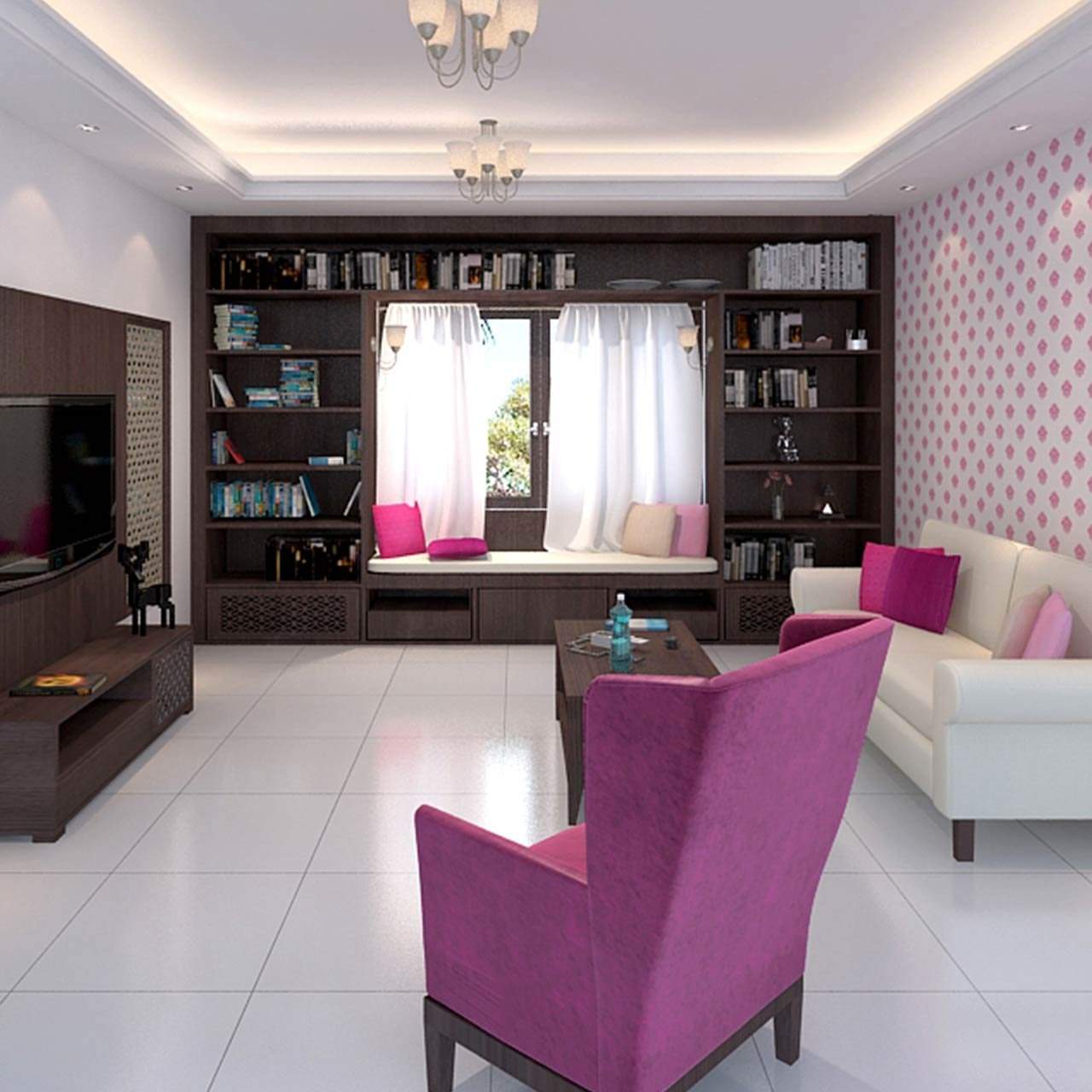 Living room wall furniture design with open shelves