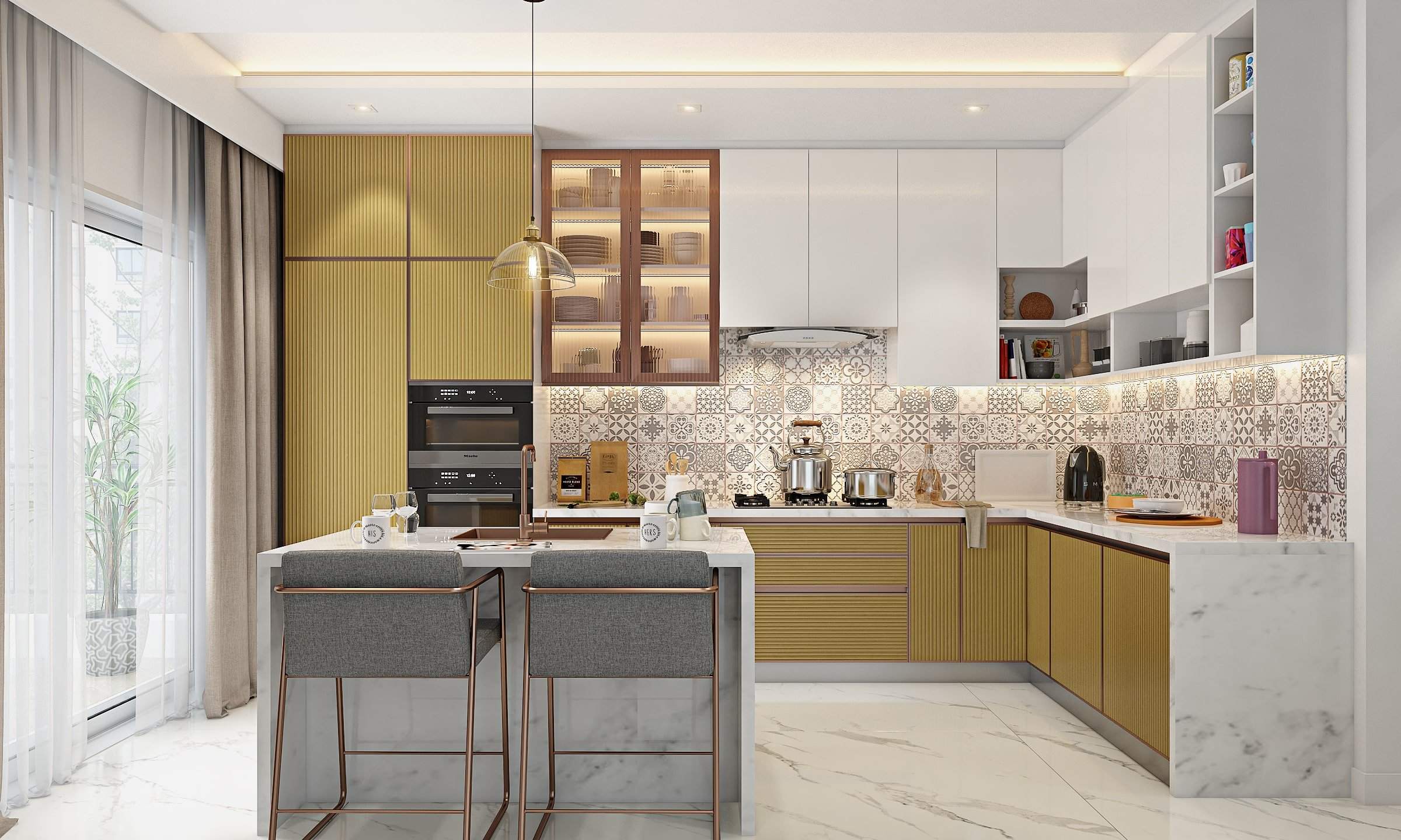 Luxury kitchen interior design in l shaped with fluted laminates