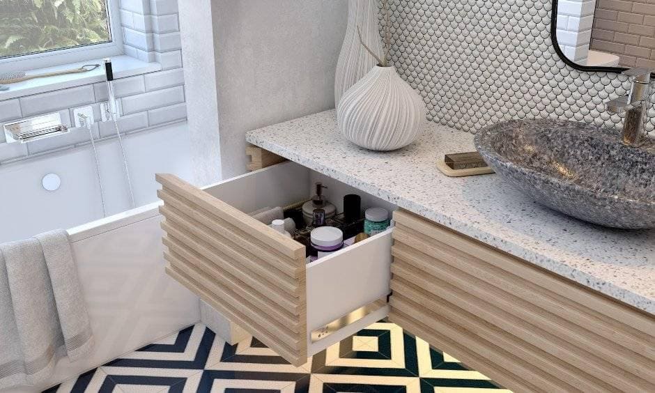 Bathroom designs in modern style bathroom with in built organiser and vanity drawer