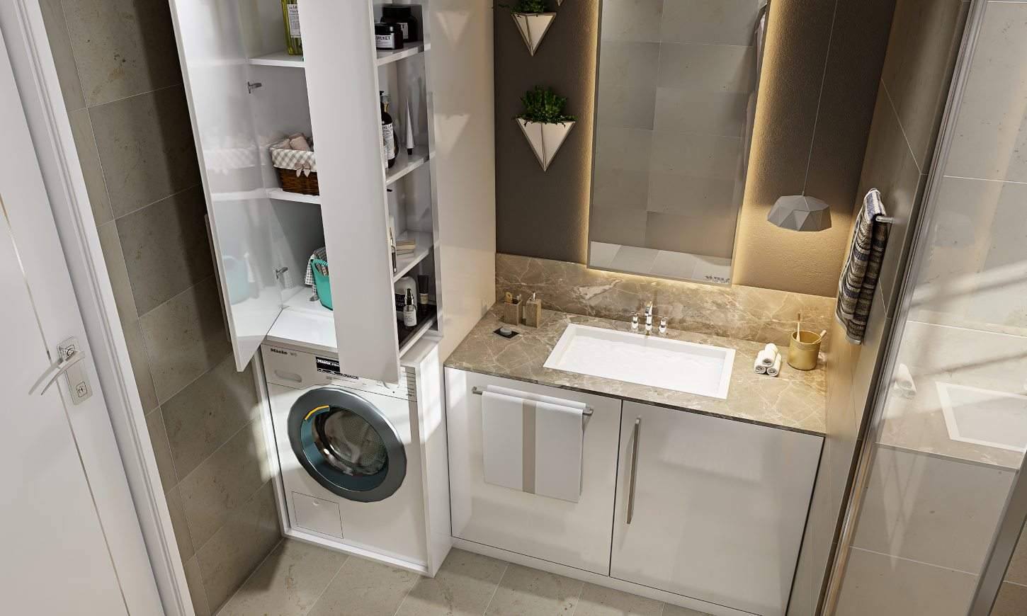 Modern bathroom design with white cabinet under sink for storage
