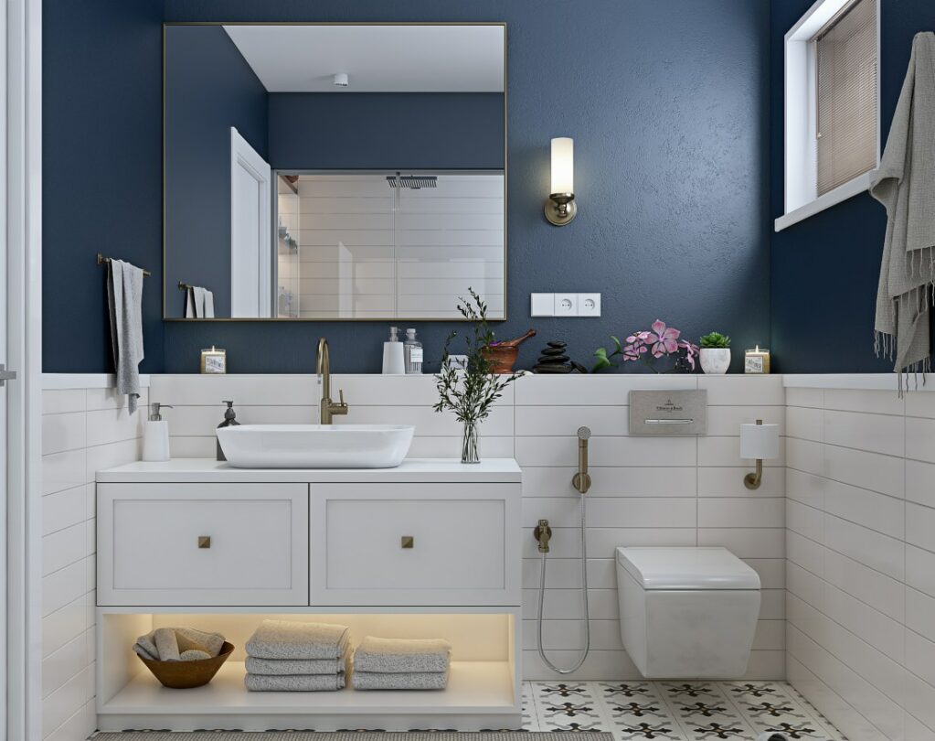 Modern classical bathroom design with blue wall finish and ceramic tiles