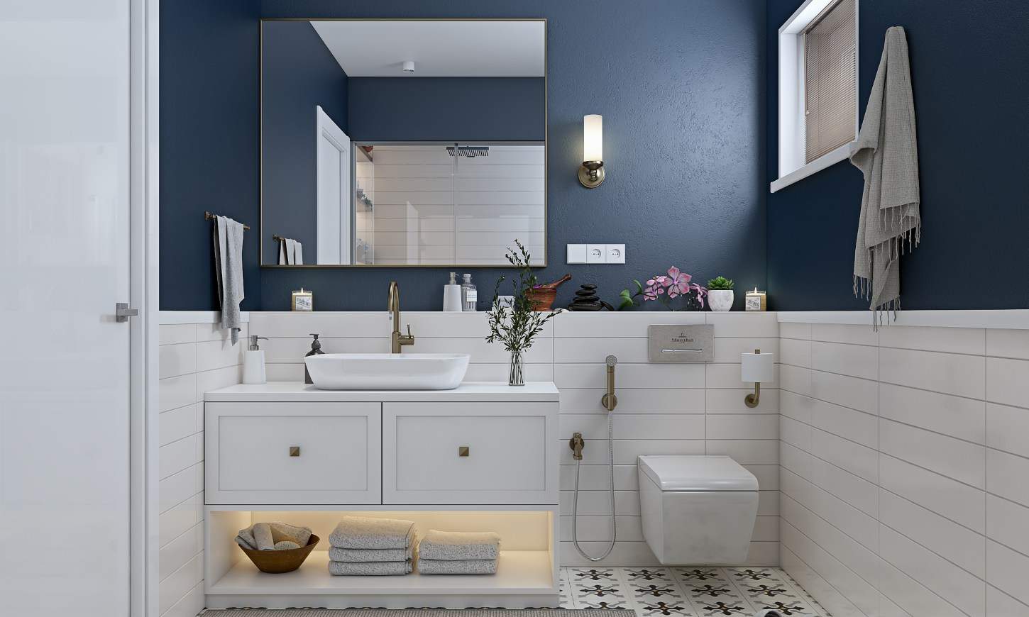 Modern classical bathroom design with blue wall finish and ceramic tiles