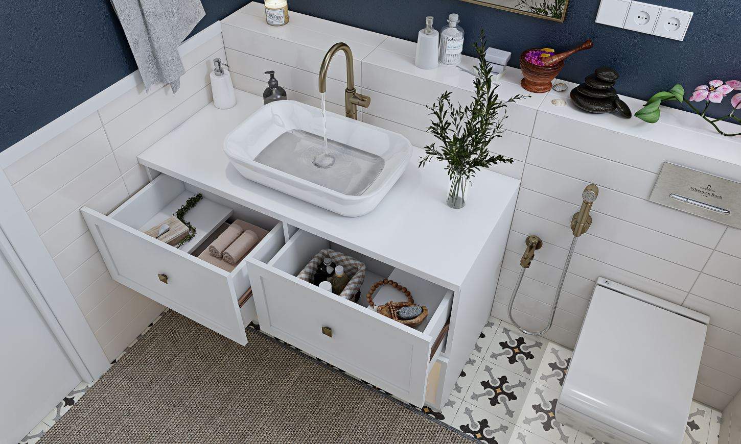 Modern classical bathroom interior design with a vanity with dual-drawers and open shelf for storage