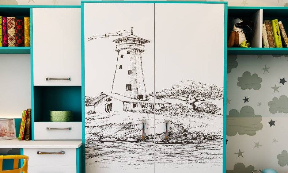 Modern eclectic style kids bedroom study unit with attached wardrobe